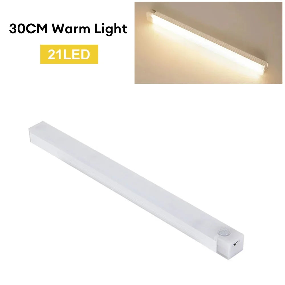 Luz de LED com sensor de movimento sem fio, recarregável por USB Tipo C, para armários, escadas e ambientes internos.