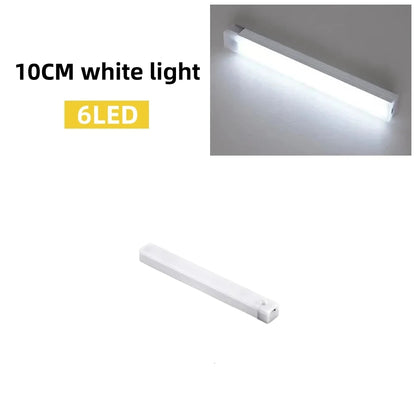 Luz LED sem fio com sensor de movimento, recarregável por USB Type C, iluminando armários, escadas e cozinhas com luz suave.
