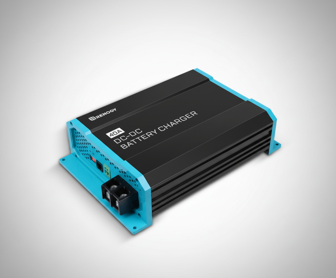 Carregador de bateria DC-DC 12V 60A da Renogy, dispositivo de carga a bordo para veículos e sistemas elétricos.